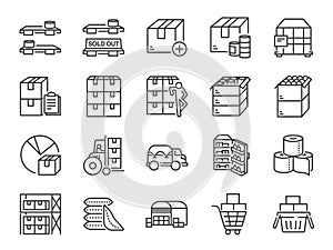 Stockpile line icon set. Included icons as boxes, container, inventory, supplies,Â stock up, food and more.